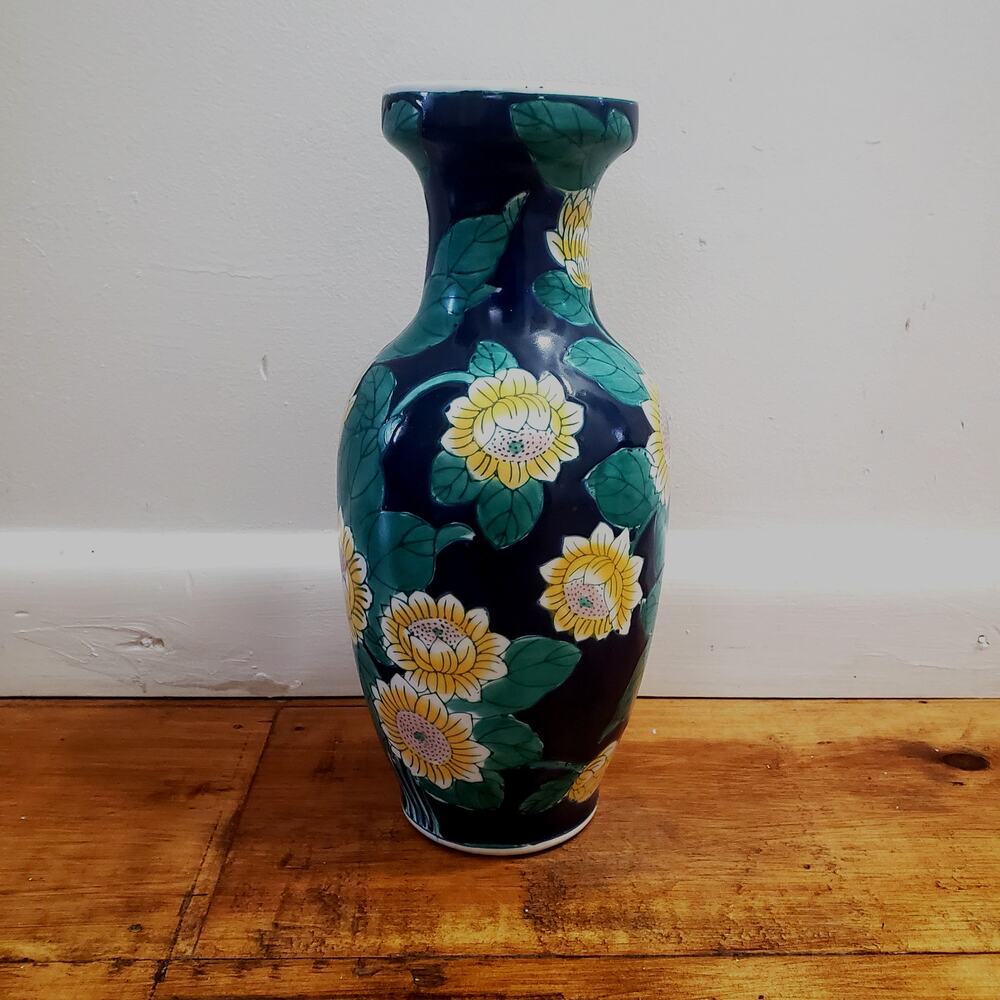 Vintage Chinese Cloisonne Hand Painted Floral Vase 12.5" Tall